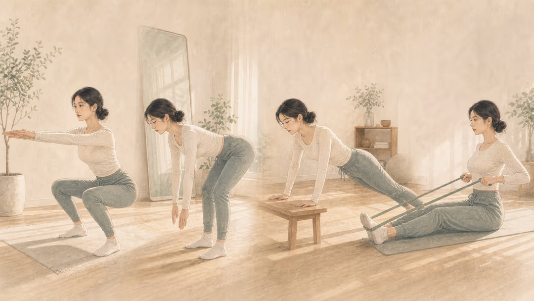 룬 4대 동작 — 에어 스쿼트 · 핸드릴리즈 푸시업 · 마운틴클라이머 · 버피