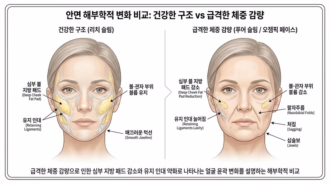 그림 1-2 · 안면 해부학적 변화 비교 — 오젬픽 페이스 메커니즘